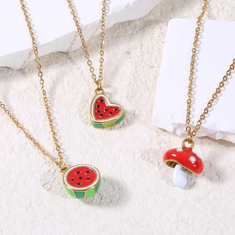 Fruit Pendant Necklace Stainless Steel 14K Gold Plated Enamel Watermelon Strawberry Mushroom Crab Jewelry For Women