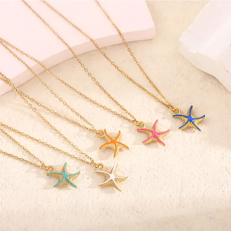 Starfish Pendant Necklace Stainless Steel Enamel Ocean Beach Style Summer Fashion Jewelry For Women