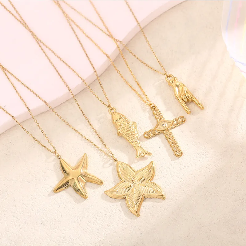 Collier À Pendentif En Acier Inoxydable Plaqué Or Étoile De Mer Poisson Koi Croix Mauvais Œil Main Rock Bijoux Mode Femme