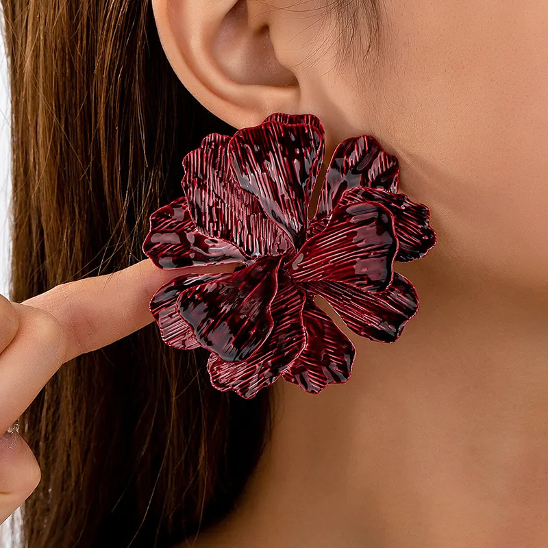 Oversized Flower Stud Earrings Zinc Alloy Textured Enamel Exaggerated Statement Sweet Temperament For Women