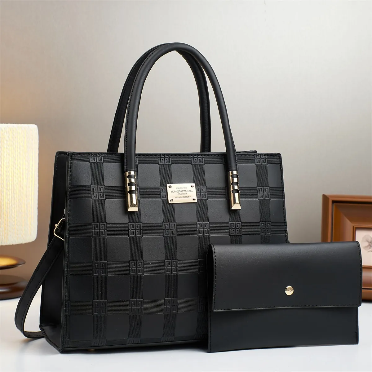 Handtasche Und Lange Geldbörse Set Aus PU Leder Geprägtes Karomuster Große Kapazität Schultertasche Elegant Damen