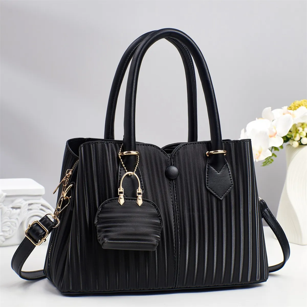 Damen Plissee PU Leder Handtasche Vertikal Gerippt Top Handle Satchel Tasche Mit Mini Beutel Abnehmbarem Schultergurt
