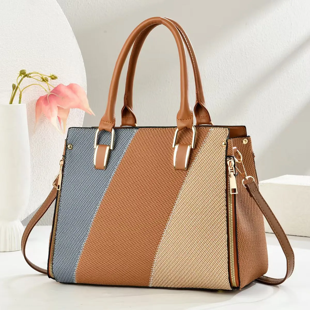 Women Contrast Color Patchwork Handbag PU Leather Shoulder Bag Fashion Crossbody Bag Street Style Top Handle Bag Daily