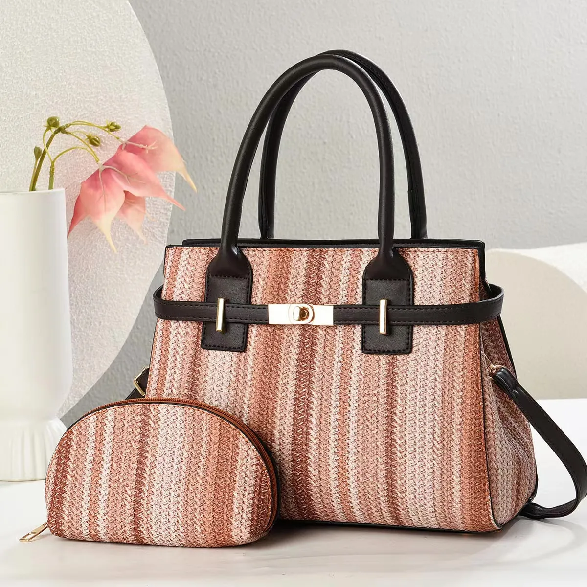 Borsa A Mano E Pochette In Pelle PU Intrecciata A Righe Motivo A Contrasto Borsa A Tracolla Chic Grande Capacità Per Donna