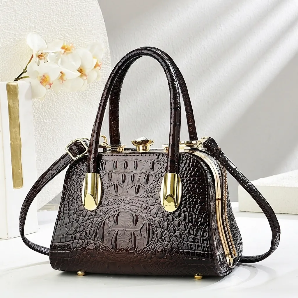 Crocodile Pattern PU Leather Top Handle Handbag With Rhinestone Lock Vintage Doctor Style Evening Crossbody Bag For Women