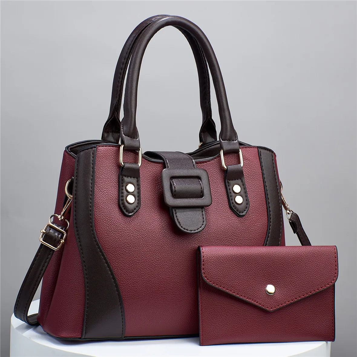 Borsa A Mano E Portafoglio Da Donna In Pelle PU Motivo Litchi Elegante Design A Blocchi Di Colore Tracolla