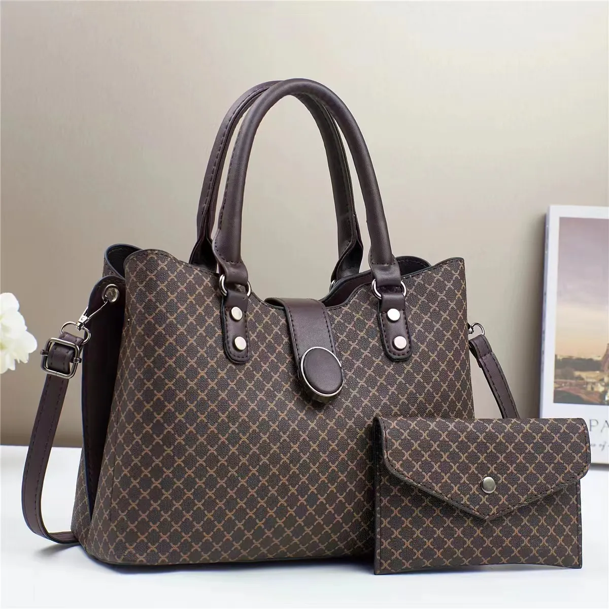 Sac Fourre-Tout Et Portefeuille En Cuir PU Imprimé Sac À Bandoulière Rétro Grande Capacité Sac À Main Pour Femmes