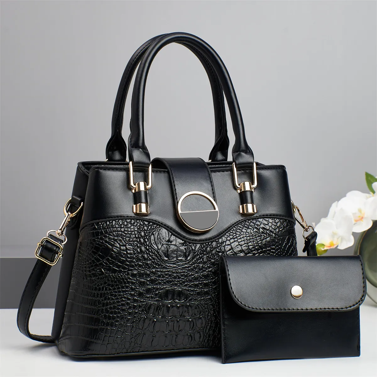 Damen Handtasche Und Kleine Tasche Krokodilmuster PU Leder Patchwork Schulter Umhängetasche Goldene Hardware Stilvolle Tote