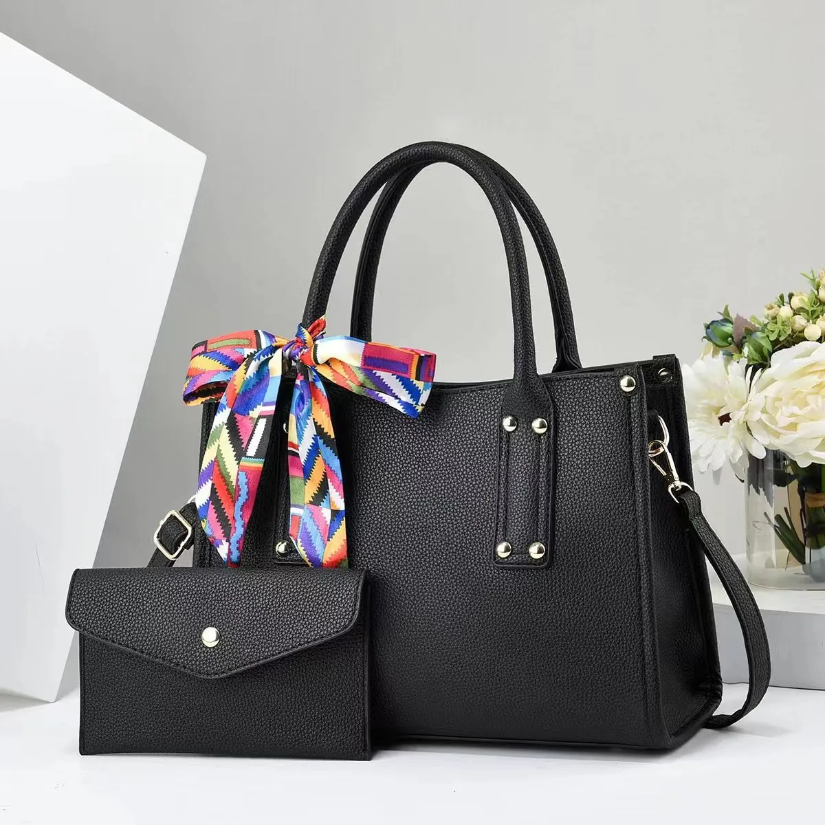 Damen PU Leder Handtasche Shopper Große Kapazität Litschimuster Pendler Umhängetasche Mit Schal Und Beutel