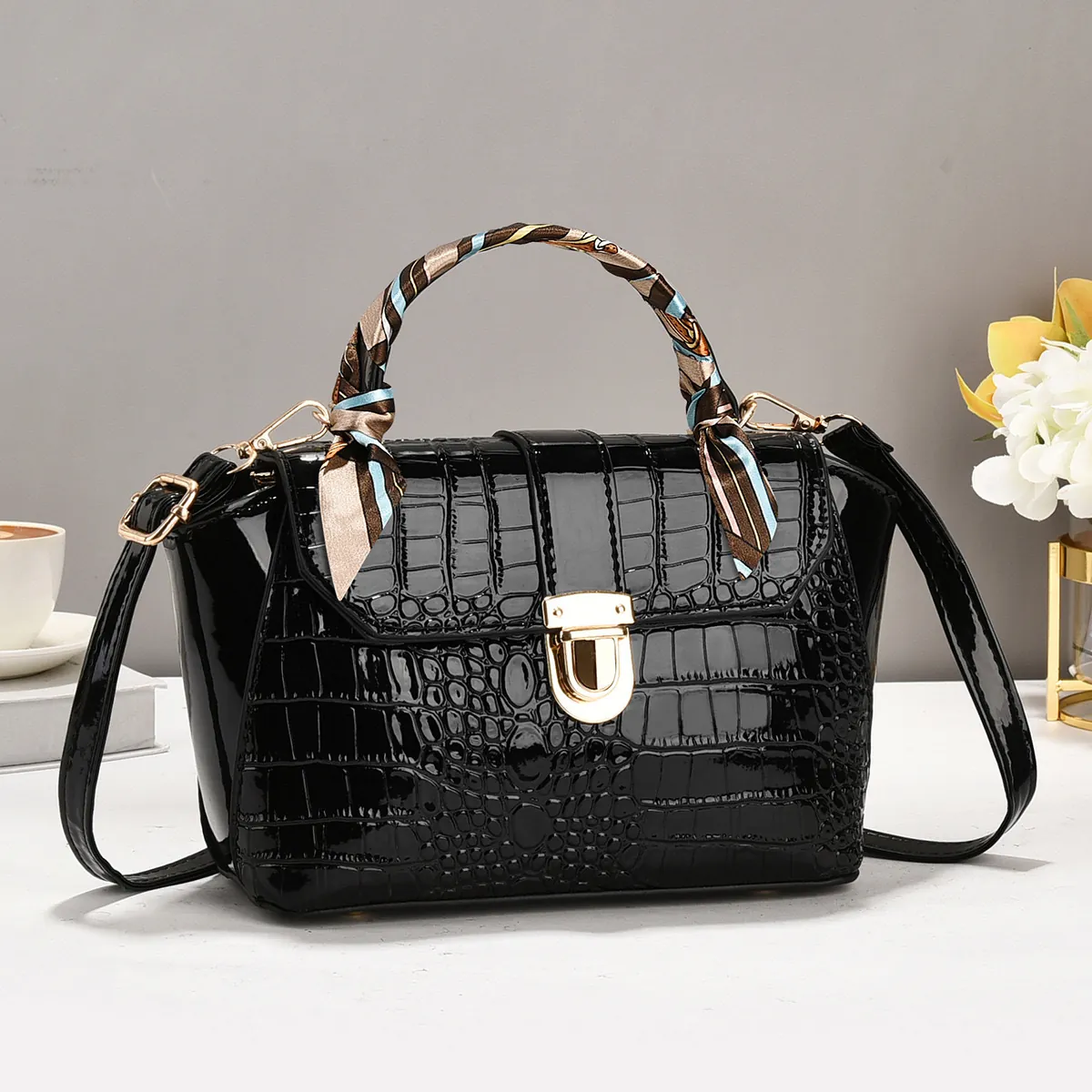 Dames Handtas PU Leer Krokodil Patroon Satijnn Sjaal Handvat Glanzend Schouder Crossbody Tas Elegant