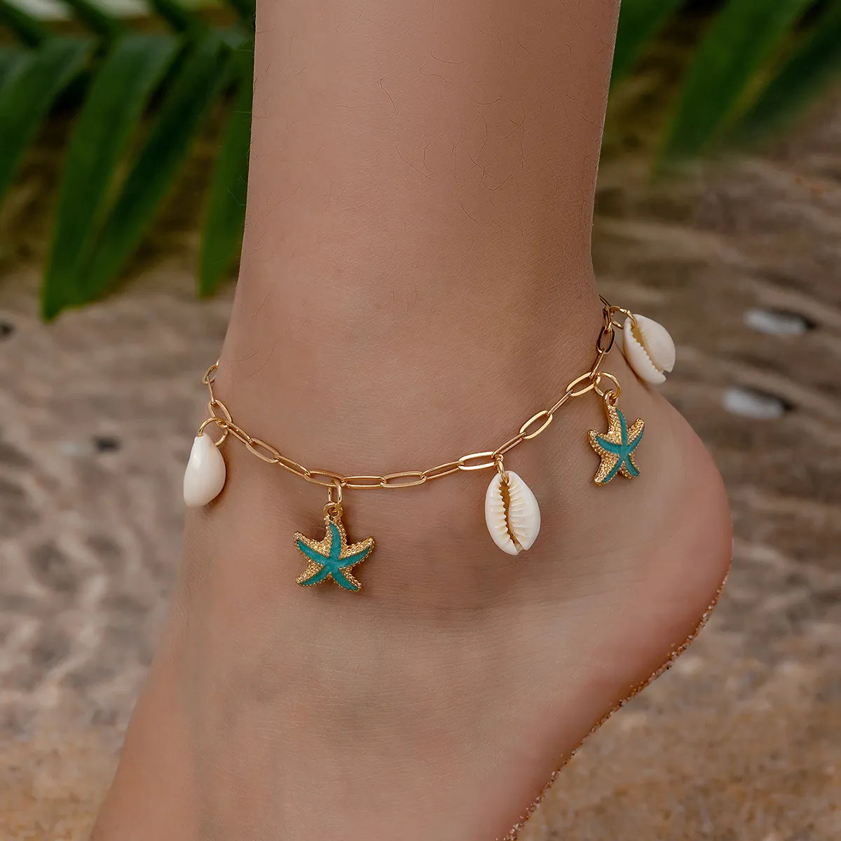 Ocean Starfish Shell Anklet Alloy Enamel Summer Beach Vacation Bohemian Ankle Bracelet For Women Adjustable