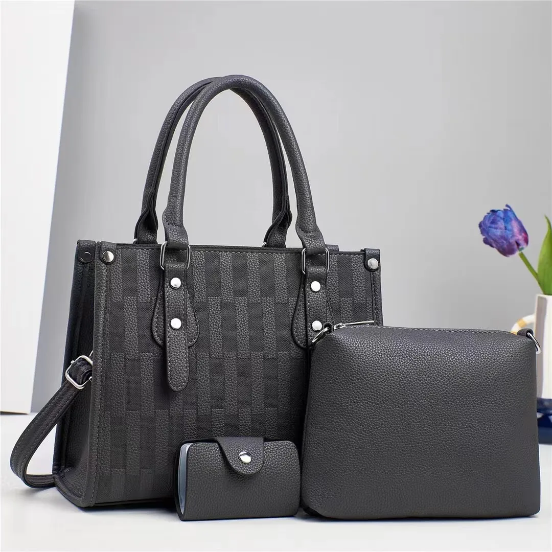 Borsa A Mano Donna Tote Pochette E Porta Carte Pelle PU Motivo Lychee Goffrato Geometrico Grande Capacità Retrò Elegante