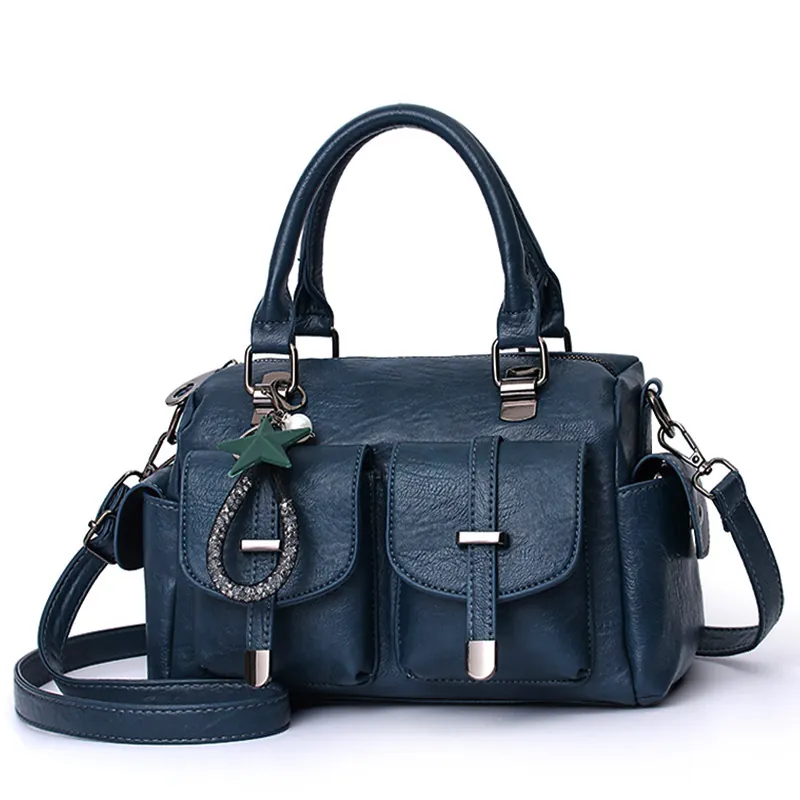 Sac Boston Femme Simili Cuir Grande Capacité Multi Poches Sac À Bandoulière Texture Litchi Style Rétro