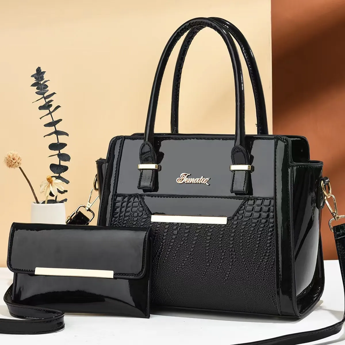Femmes Sac À Main En Cuir Verni Brillant Motif Crocodile Et Pochette Cabas Élégant Bandoulière Amovible Quincaillerie Dorée