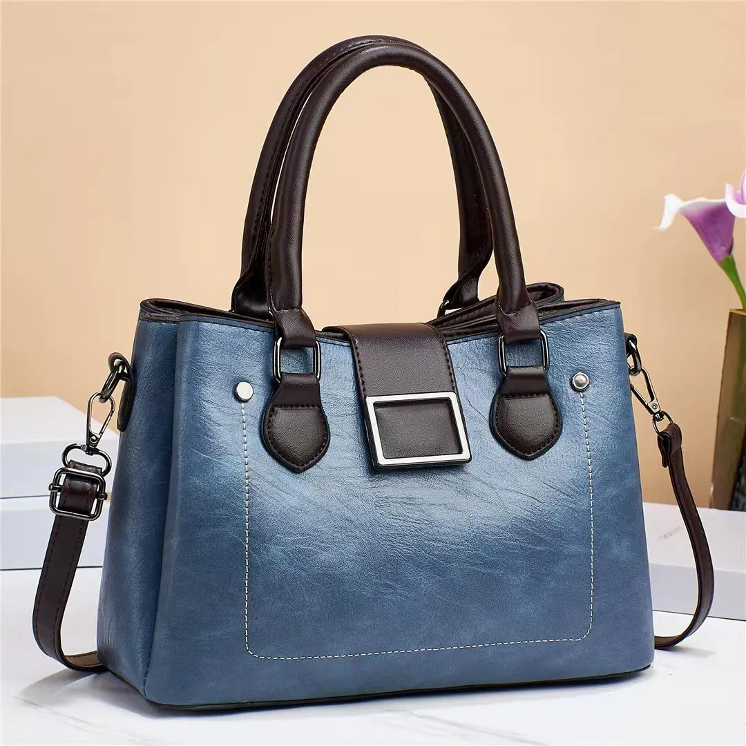 Women Retro Colorblock PU Leather Handbag Large Capacity Crossbody Shoulder Bag With Metal Buckle Daily Fashion Satchel