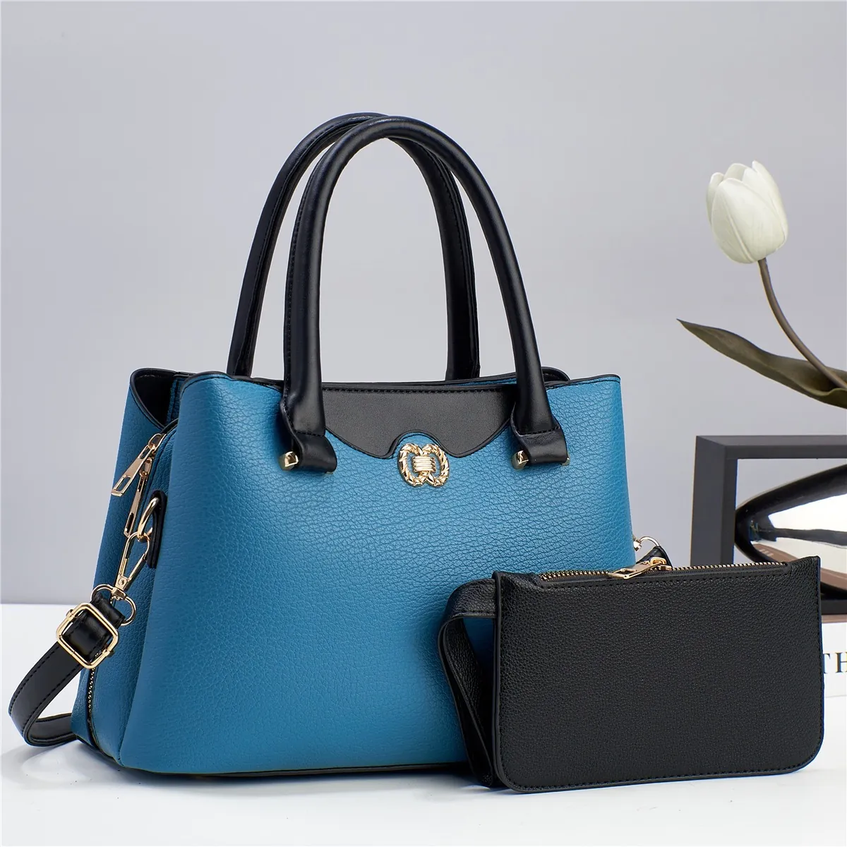 Borsa A Mano E Pochette Donna Pelle PU Motivo Litchi Colore Contrasto Borsa Con Manico Grande Capacità Borsa A Tracolla Oro