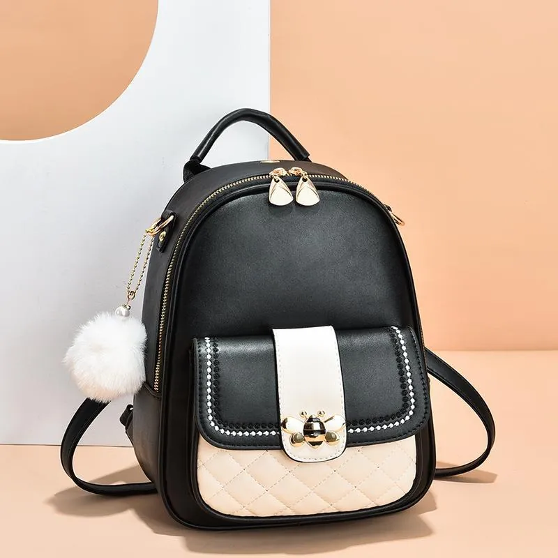Fashion Women PU Leather Backpack Contrast Color Quilted Bee Decor With Plush Ball Pendant Large Capacity Travel School Bag