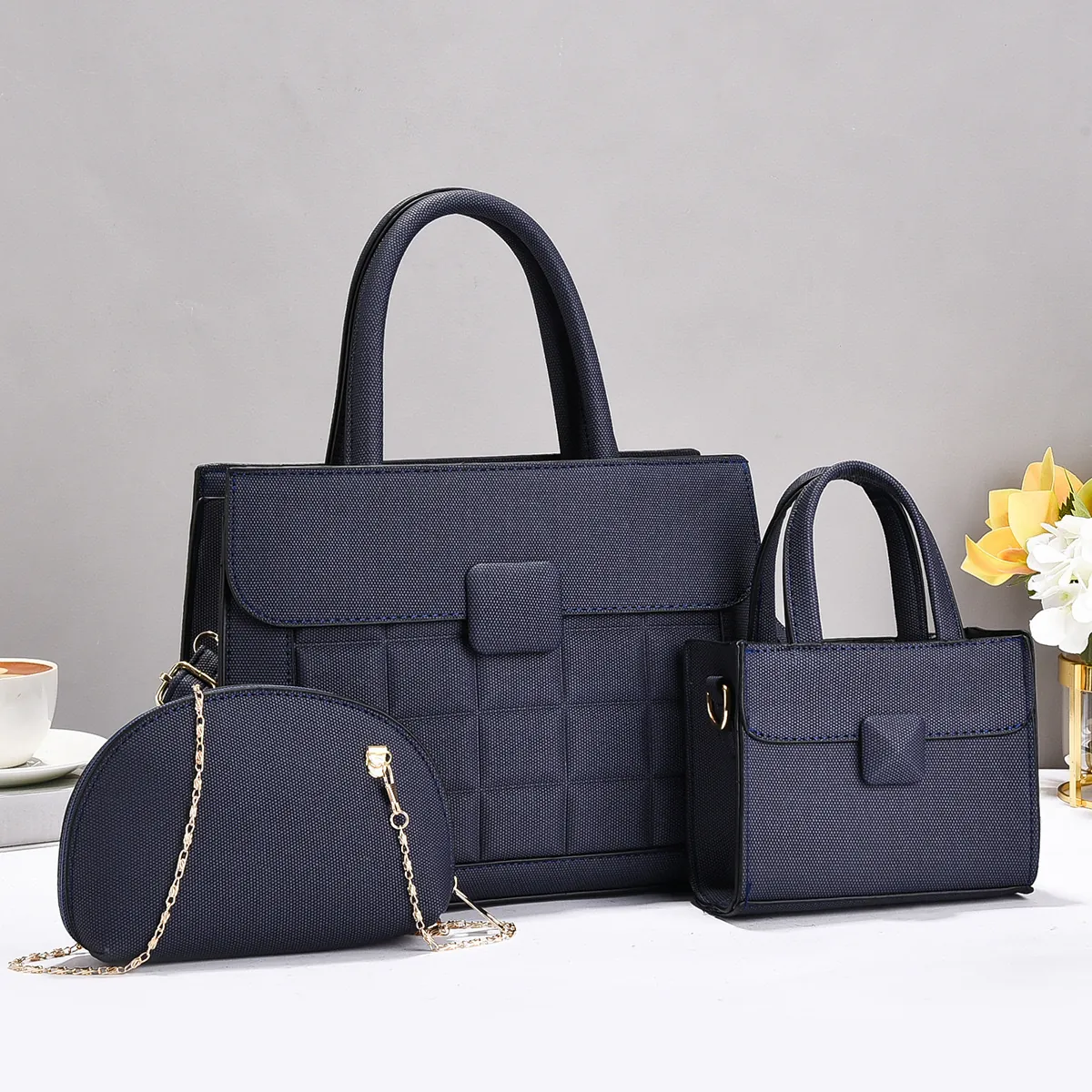 Dames PU Lederen Tote Handtas En Middelgrote Schoudertas En Halfronde Ketting Crossbody Tas Blokpatroon Elegant