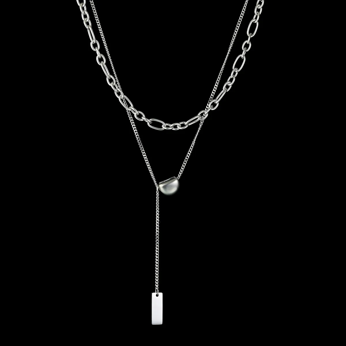 Double Layer Stainless Steel Necklace For Women Minimalist Stacking Y Chain With Geometric Rectangular Plaque Pendant