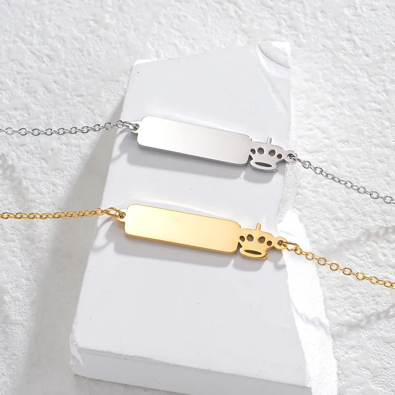 Stainless Steel Necklace Women Minimalist Rectangular Bar Hollow Crown Pendant Elegant Jewelry