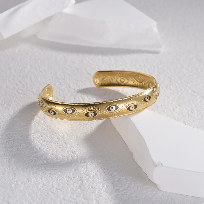 Bohemian Evil Eye Stainless Steel Gold Plated Open Cuff Bangle Leaf Wheat Pattern Adjustable Jewelry For Women