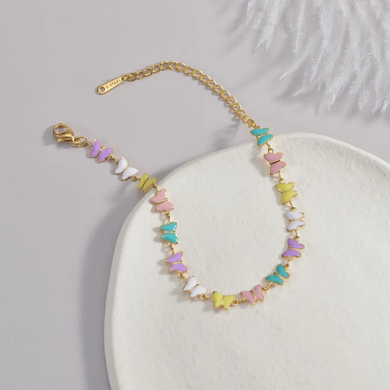 Butterfly Stainless Steel Bracelet For Women Enamel Turquoise Beads Snake Bone Chain Gold Plated Adjustable Jewelry