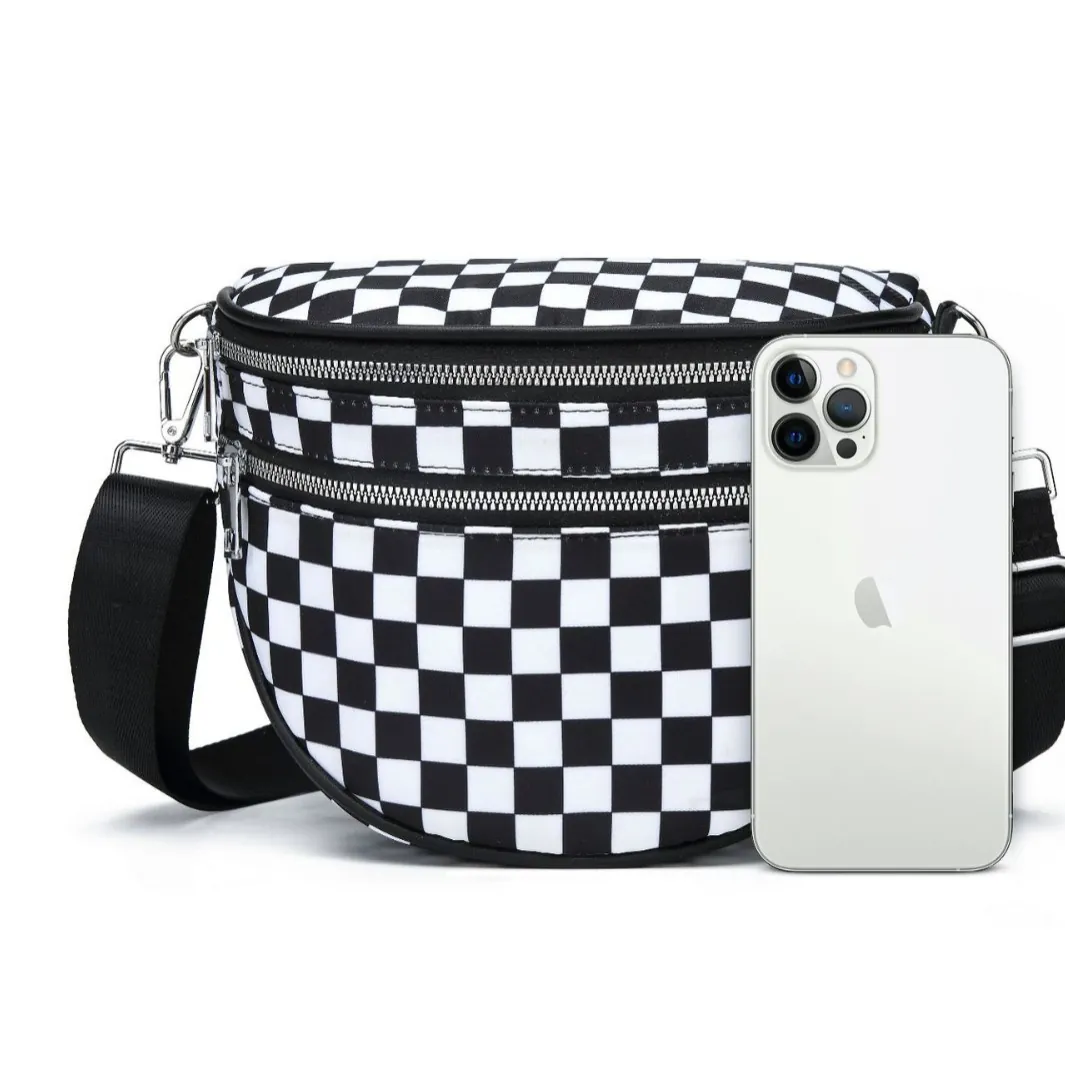 Checkerboard Crossbody Bag Women Canvas Shoulder Chest Pack Double Zipper Adjustable Strap Streetwear Casual Versatile