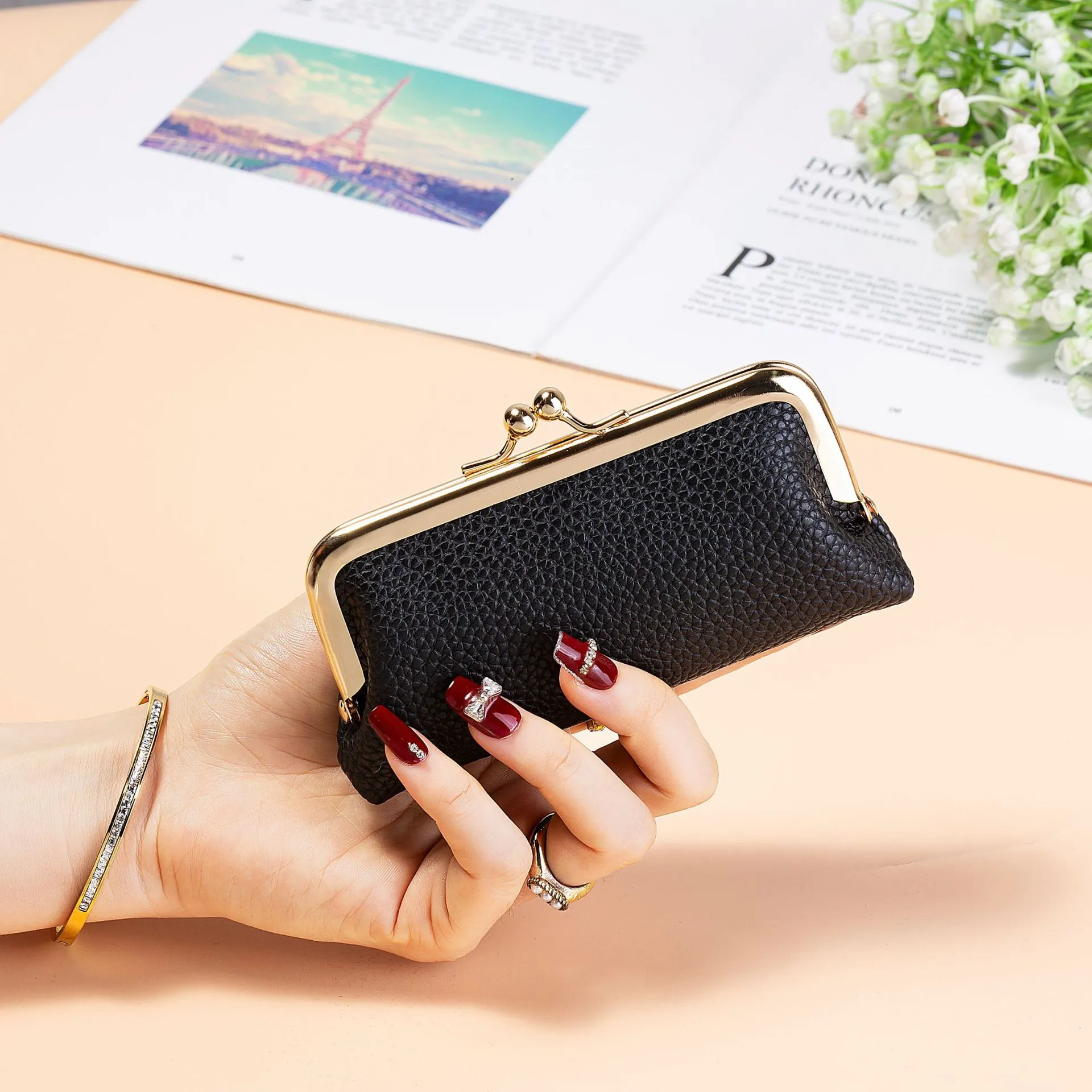Vintage Kiss-Lock Coin Purse Mini PU Leather Lychee Grain Wallet Retro Metal Clasp Lipstick Storage Bag For Women