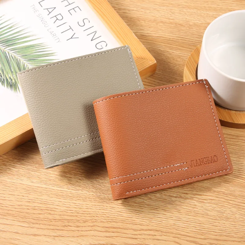 Men's Casual Litchi Pattern PVC Bifold Wallet With Contrast Stitching Minimalist Card Holder Purse For Daily Business Use
