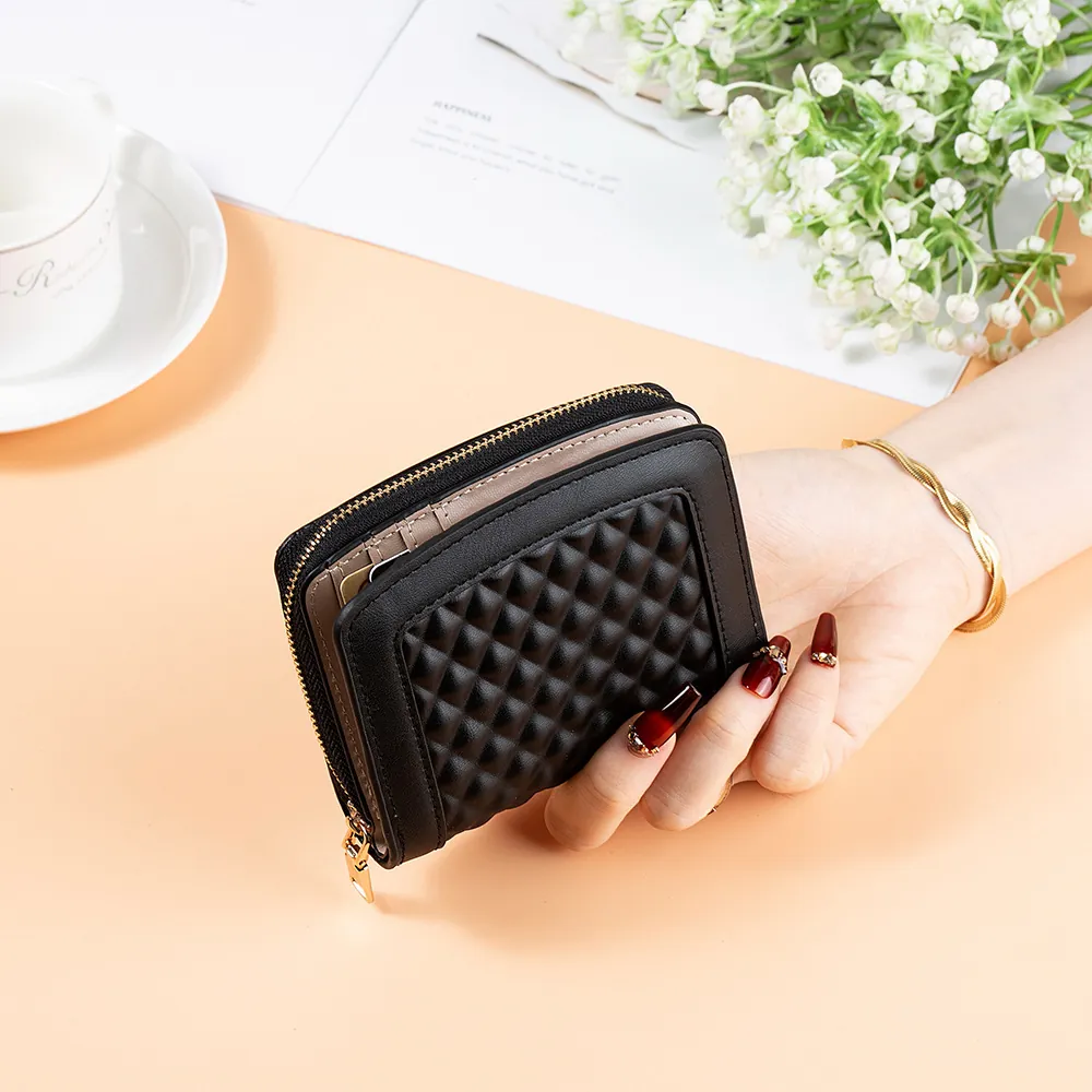 Damen Kurze Geldbörse PU Leder Gesteppt Rautenmuster Reißverschluss Münzfach Kartenfächer Mini Tasche Schick