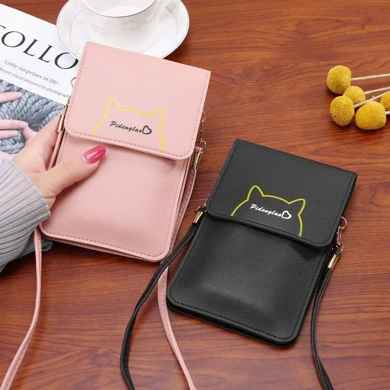 Damen Mini Umhängetasche Handy Tasche PU Leder Touchscreen Fenster Süße Katzenohr Vertikale Schultertasche