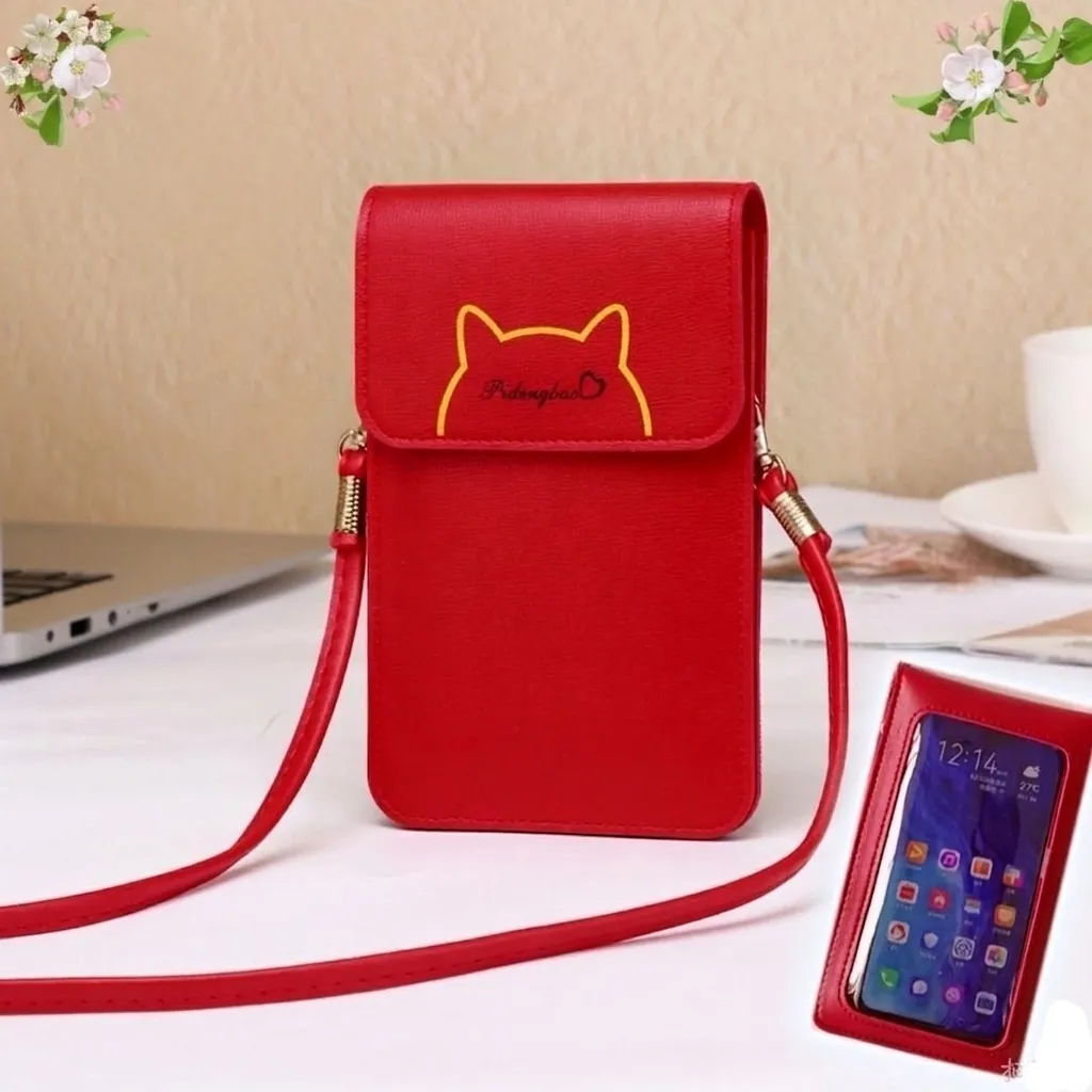 Women PU Leather Mobile Phone Crossbody Bag With Touch Screen Window Cute Cat Ear Embroidery Vertical Small Handbag