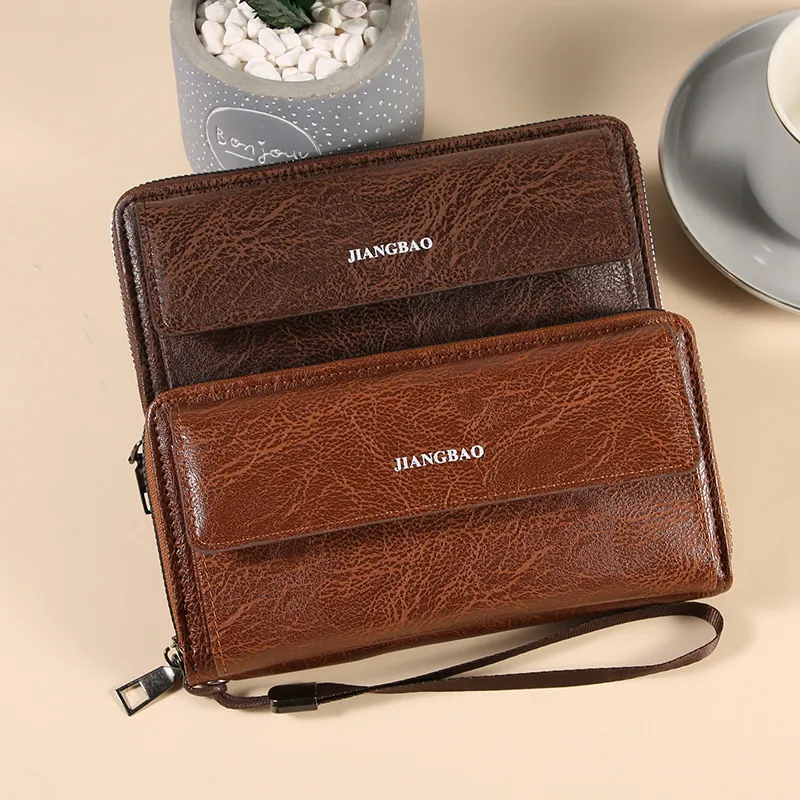 Men Long Wallet PU Leather Clutch Large Capacity Multi Card Slots Zipper Phone Bag With Wristlet Retro Business Style
