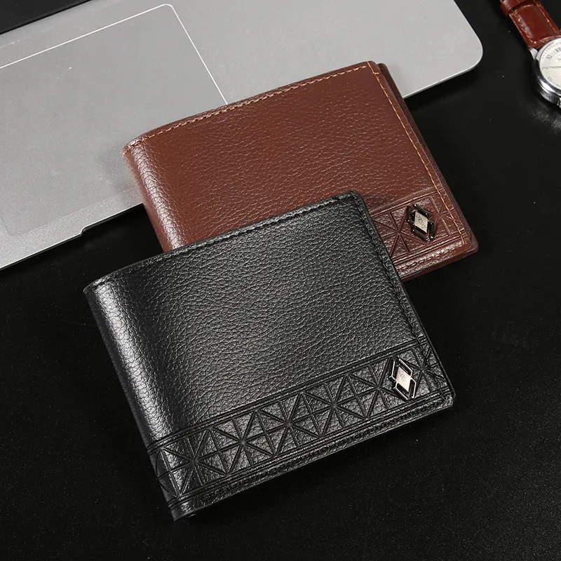 Portefeuille Bifold Homme Cuir PU Motif Litchi Gauffrage Géométrique Fentes Cartes Mince Business Casual Porte-Monnaie