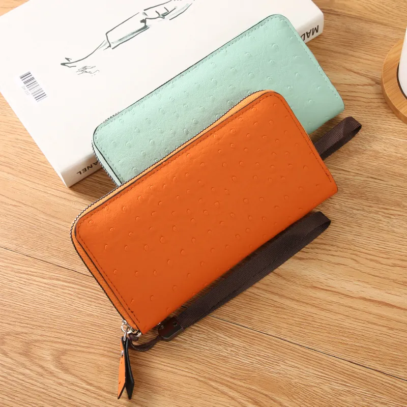 Women Long Wallet Ostrich Pattern PU Leather Zipper Around Large Capacity Clutch Purse With Wristlet Strap Elegant Fashion