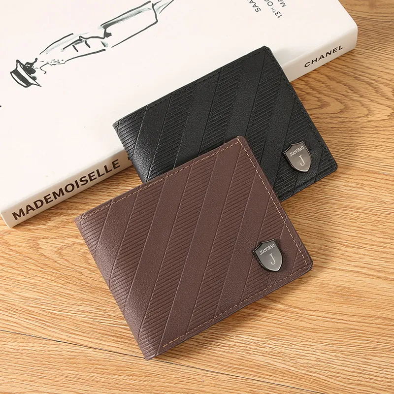 Men Short Bifold Wallet Horizontal PU Leather Diagonal Textured Multi Card Slots Business Casual Purse With Metal Shield Logo