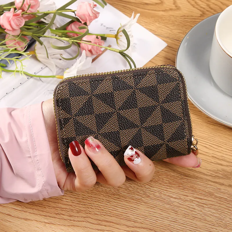 Women Card Holder Small Zipper Accordion Wallet Geometric Pattern Synthetic Leather Coin Purse Multi Slot