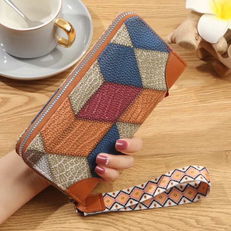 Portafoglio Lungo Da Donna In Pelle PU Patchwork Geometrico Grande Capacità Cerniera Clutch Con Cinturino Da Polso Stile Vintage