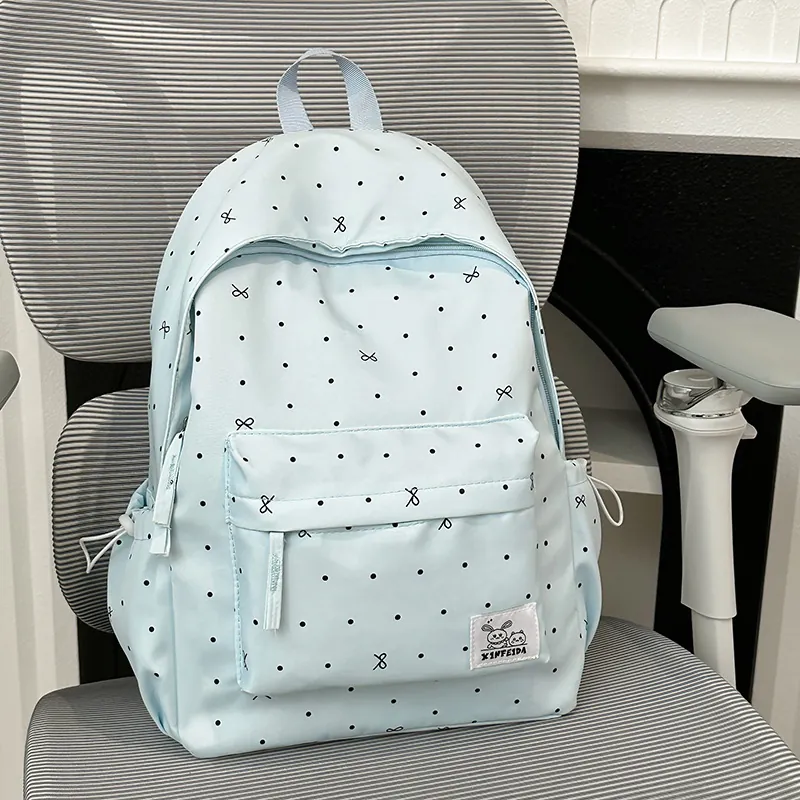 Cute Polka Dot Bow Backpack Nylon Large Capacity School Bag For Students Teenagers Fresh Style Travel Daypack