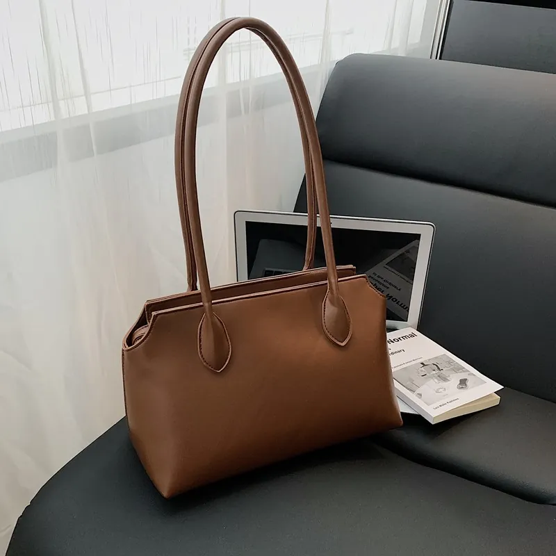 Large Capacity Women Tote Bag Minimalist PU Leather Retro Shoulder Handbag Commuting Daily Work