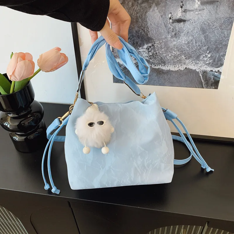 Women Pleated Bucket Bag PU Leather Drawstring Crossbody Shoulder Bag With Braided Handle Fashion Casual Chic Handbag