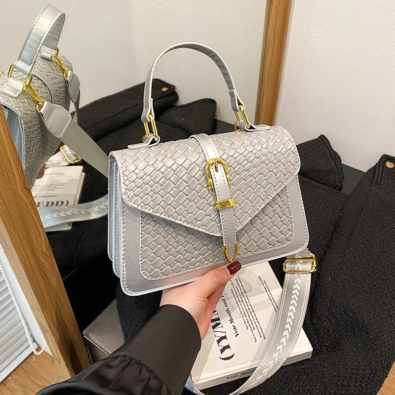 Woven Texture PU Leather Crossbody Bag Small Square Top Handle Handbag Wide Patterned Strap Gold Clasp Versatile Shoulder Purse