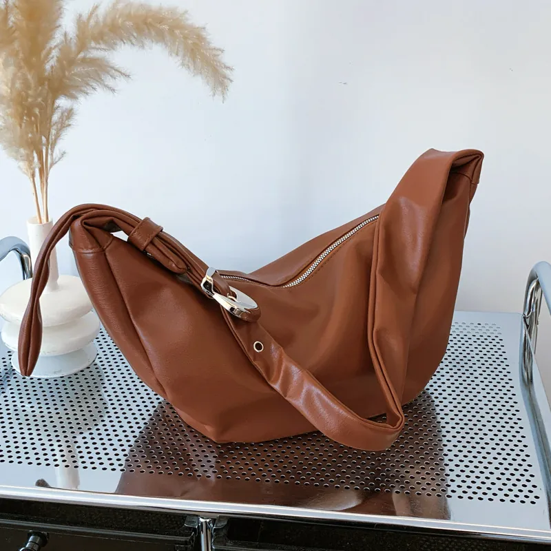 Women Half Moon Hobo Bag PU Leather Large Capacity Minimalist Adjustable Shoulder Strap Solid Color Crossbody Bag