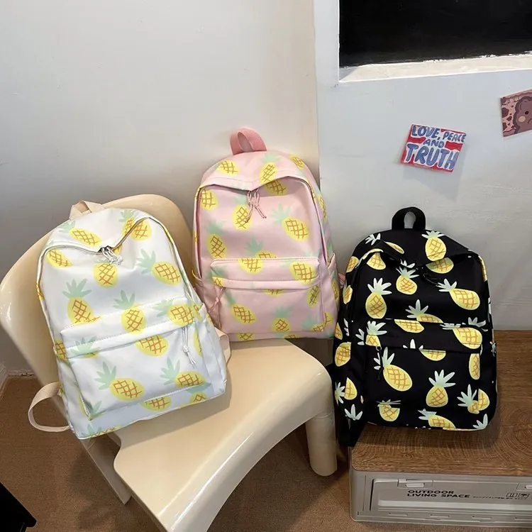 Casual Backpack Pineapple Print Canvas School Bag For Students Harajuku Style Versatile Travel Daypack Girls