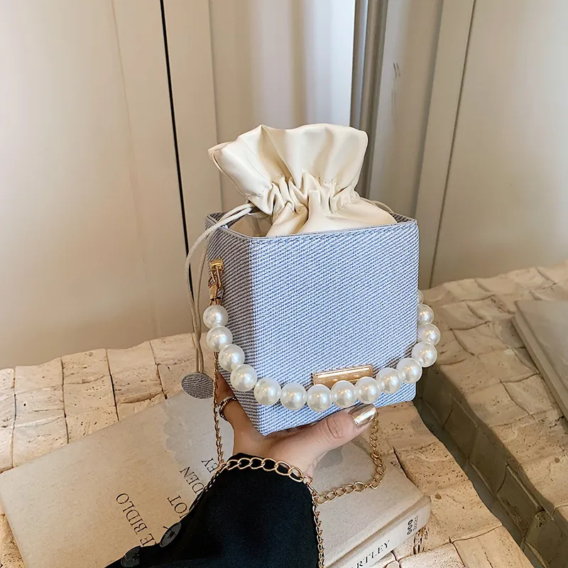 Women Mini Square Bucket Bag With Artificial Pearl Handle And Gold Chain Strap PU Woven Texture Drawstring Messenger Handbag