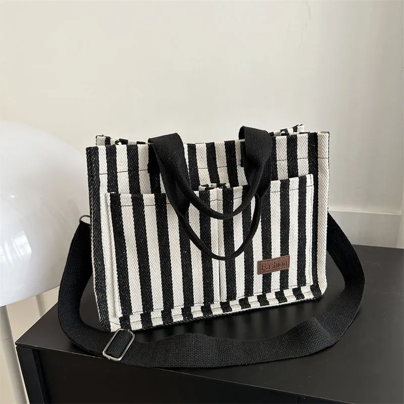 Grand Sac Fourre-Tout En Toile Rayée Avec Bandoulière Amovible Et Poches Avant Sac À Main Décontracté Polyvalent