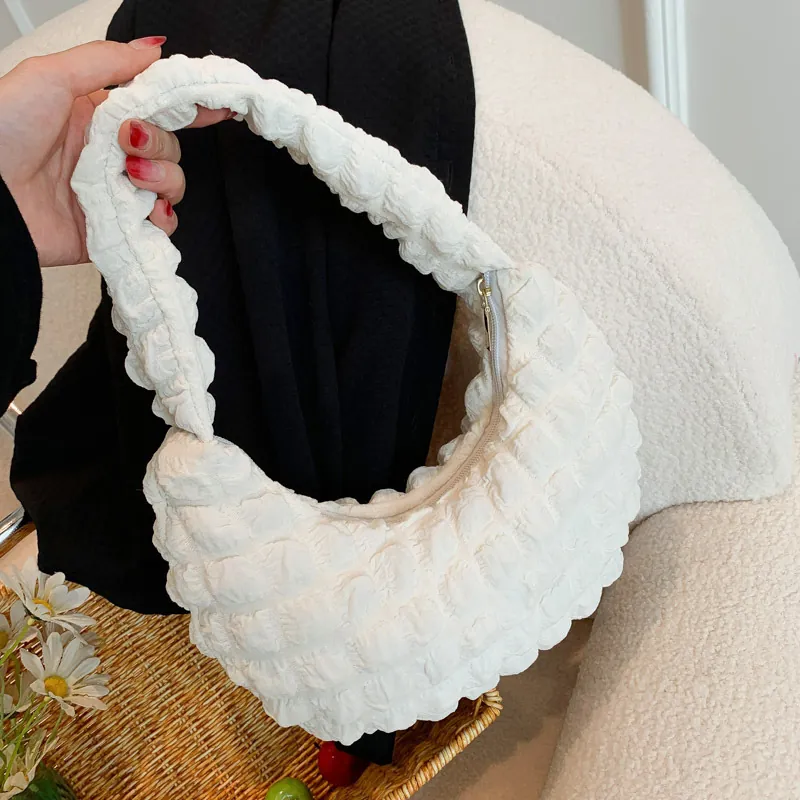 Women Bubble Texture Hobo Bag Pleated Popcorn Fabric Crescent Underarm Shoulder Handbag Simple Commuter Solid Color