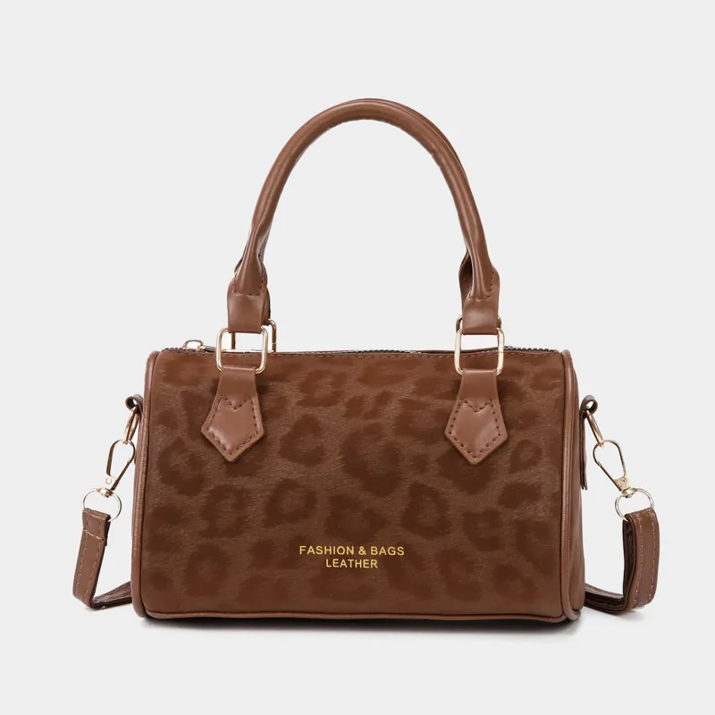 Women Leopard Print Boston Shoulder Bag Suede Crossbody Barrel Bag Fashion Vintage Korean Style Handbag Commuter Travel Bag