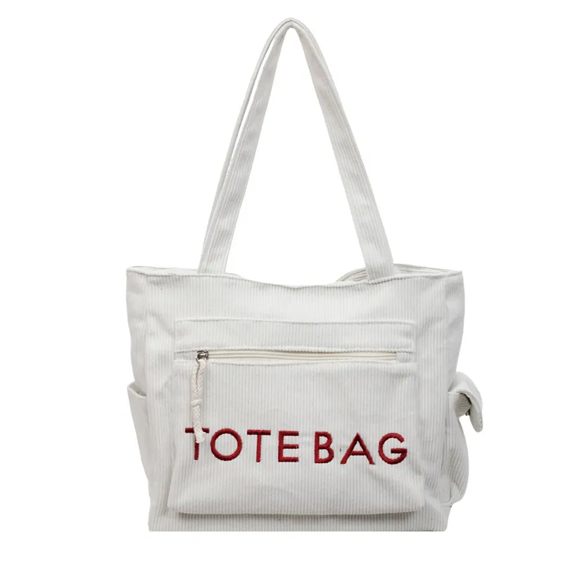 Damen Corduroy Tote Bag Große Kapazität Schultertasche Mit Stickerei Reißverschlusstasche Lässige Streetwear Täglich