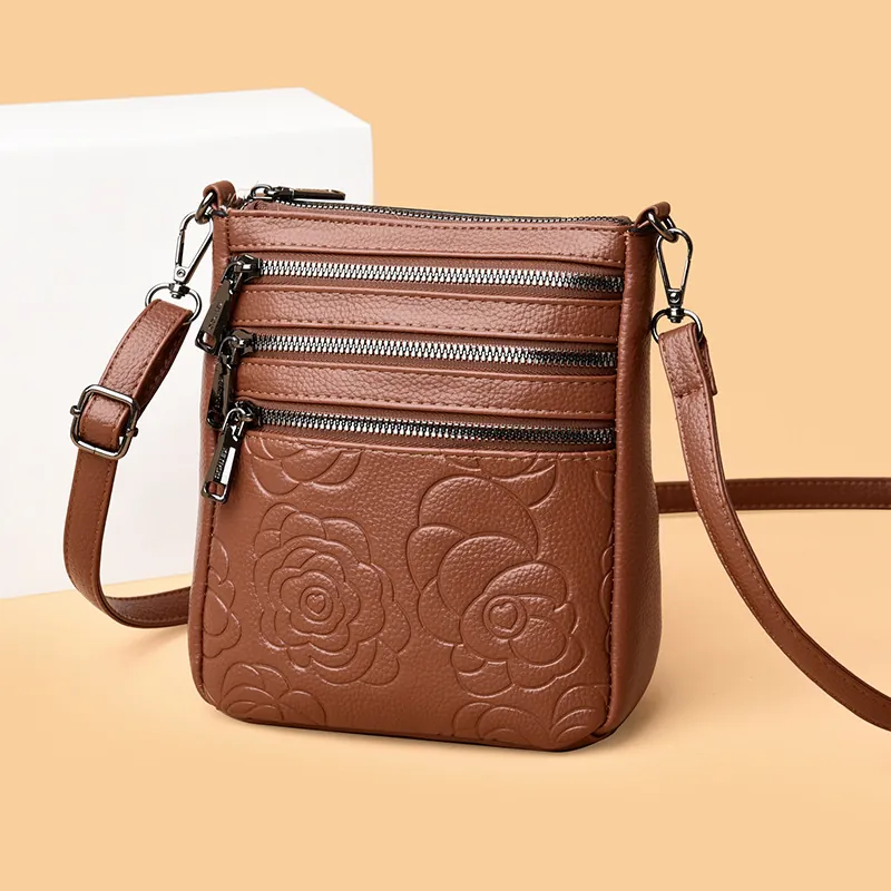 Women Crossbody Bag PU Leather Litchi Grain Multi Zipper Pockets Rose Floral Embossed Casual Shoulder Purse